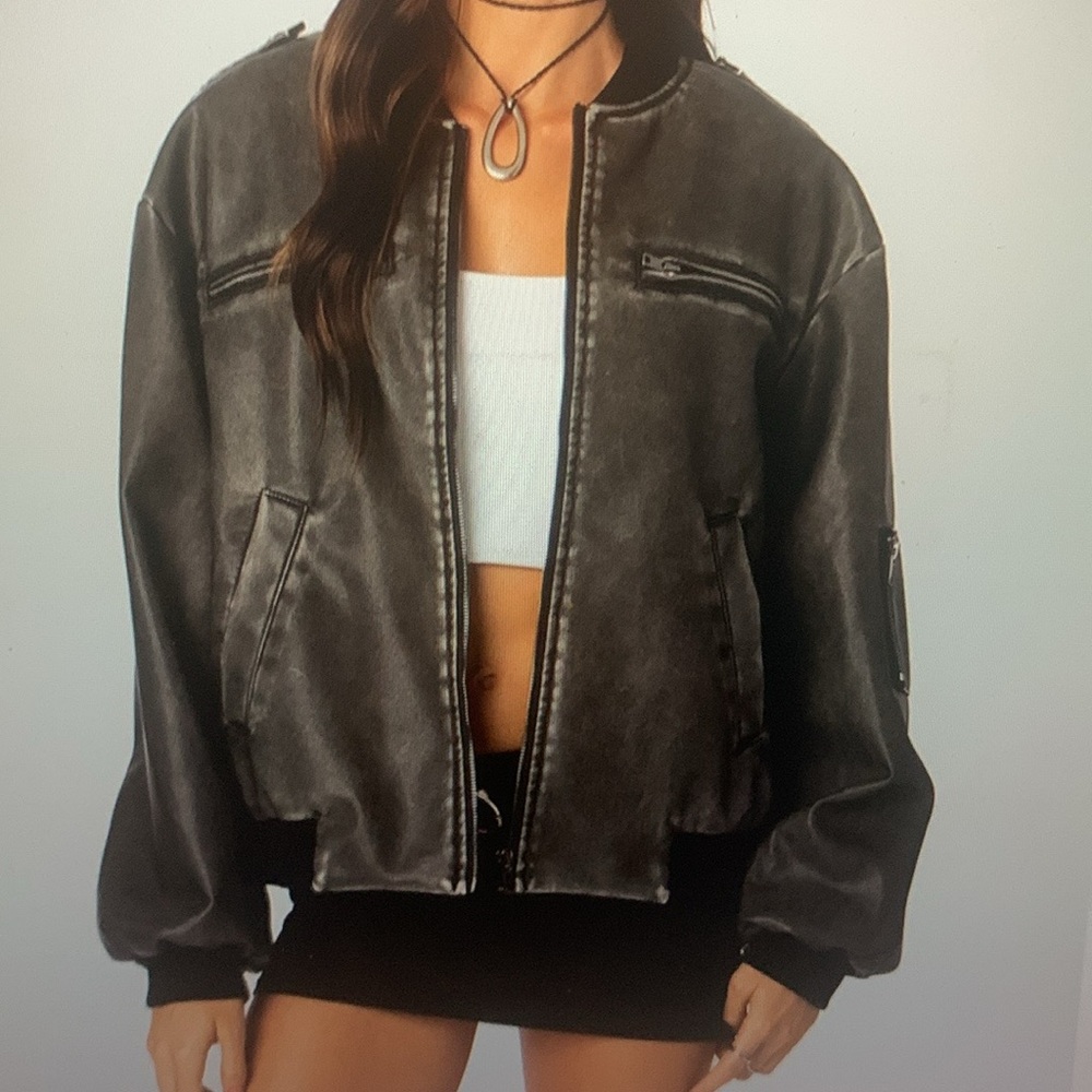 Edikted Vava Washed Faux Leather Bomber Jacket